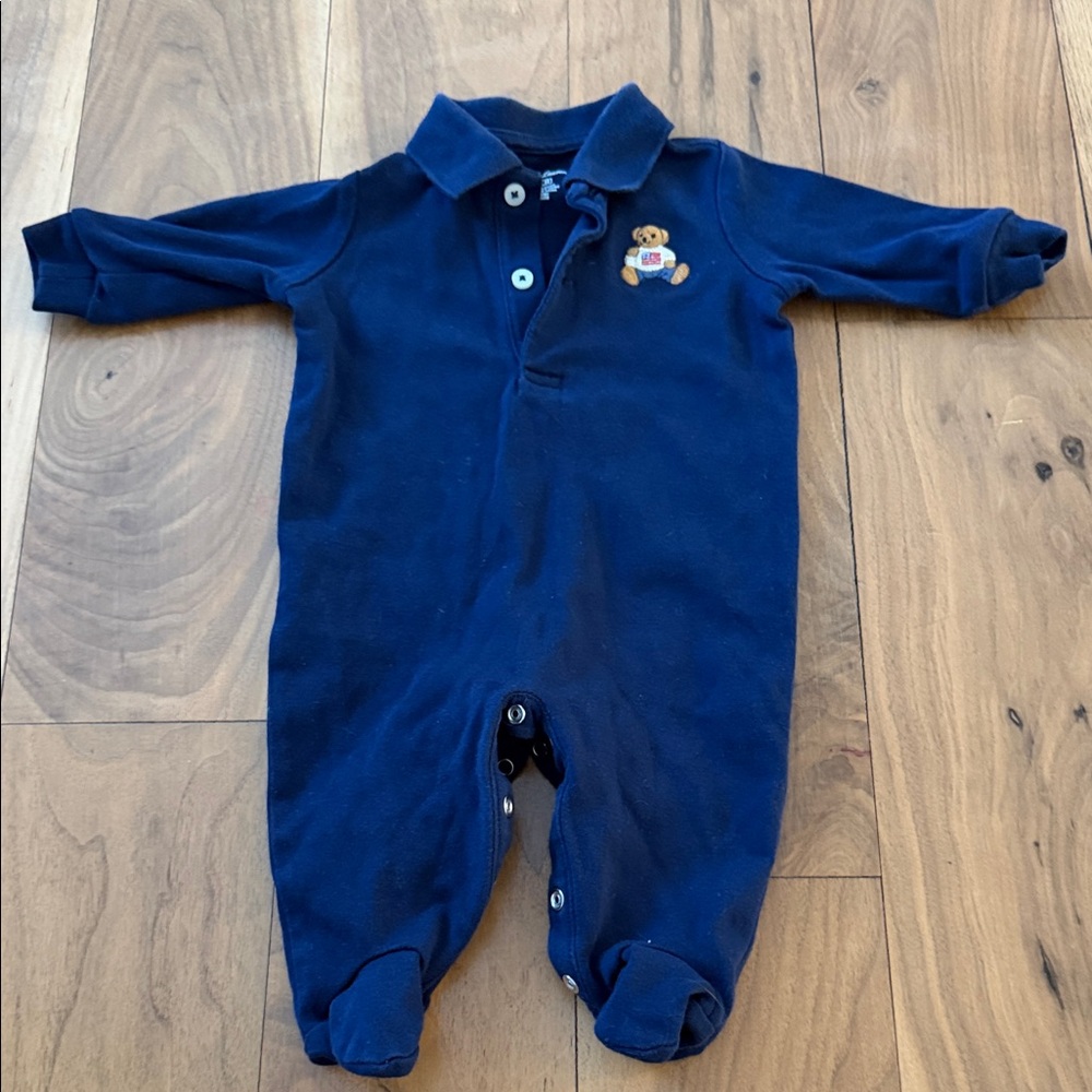Ralph Lauren Navy Polo Footed One-Piece with Teddy Patch